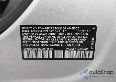 2021 Volkswagen Passat 2.0T S из США, поврежденный, VIN 1VWAA7A38MC014586